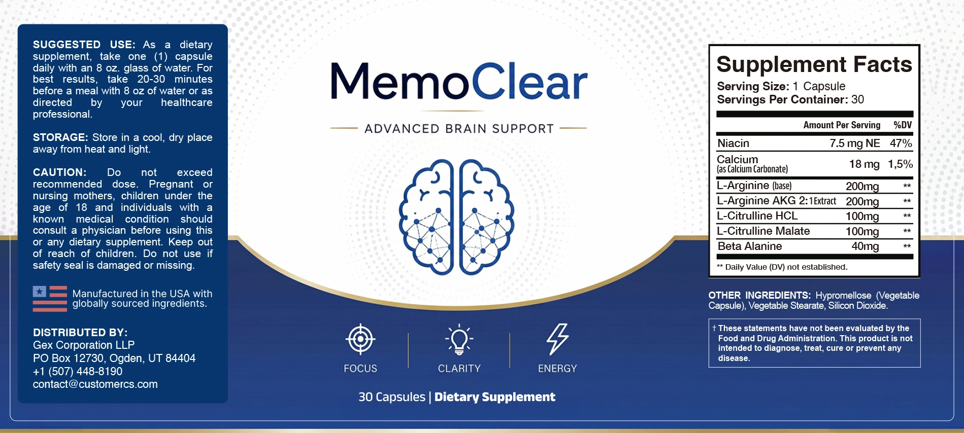 MemoClear supplement facts label — full ingredient disclosure with L-Arginine, L-Citrulline, Niacin, and Beta-Alanine doses